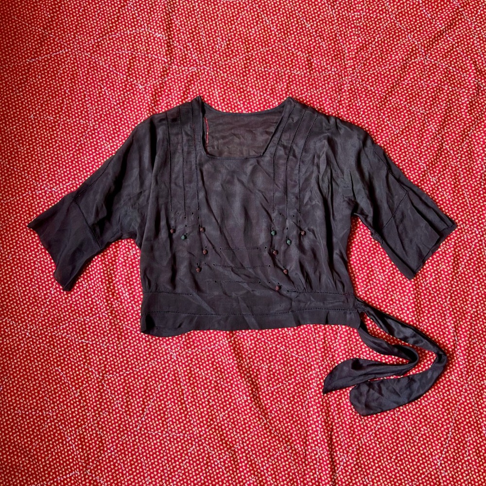Antique 1920s Brown Silk Blouse Waist Eyelet Side Tie Top